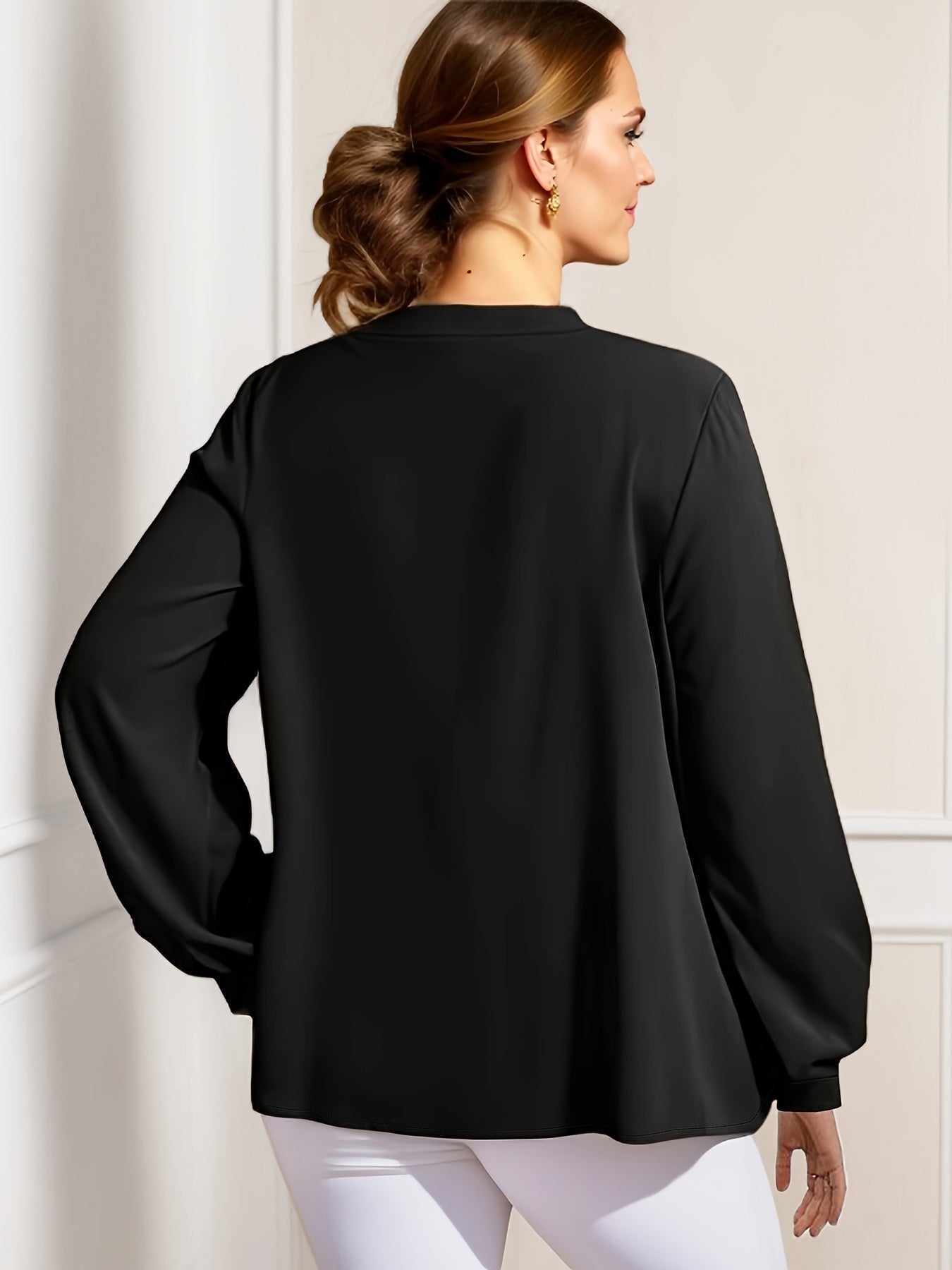  Casual Blouse Women's Plus Solid Lantern Sleeve Tie Front V Neck