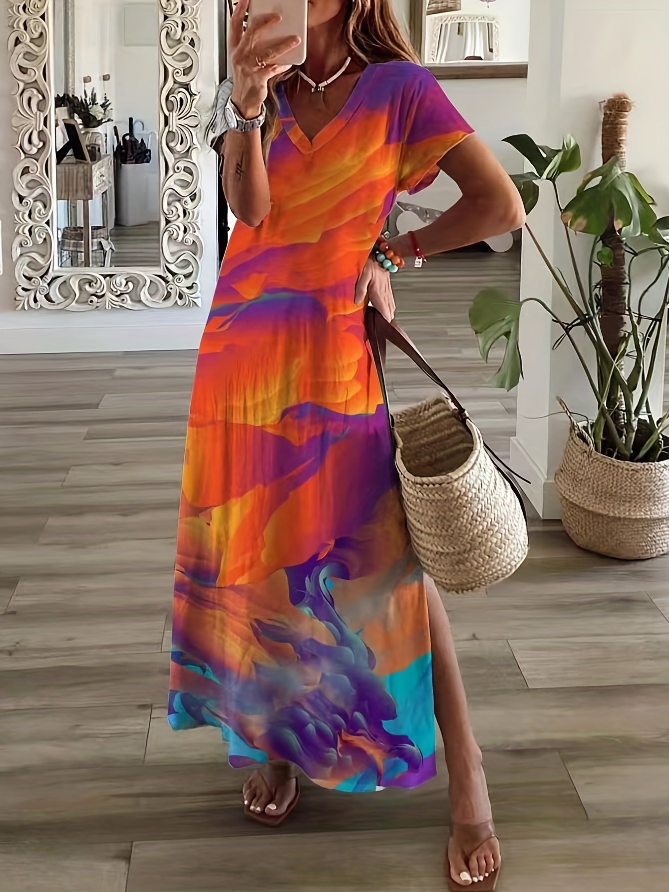 Floral Print V Neck Short Sleeve Boho Maxi Dress