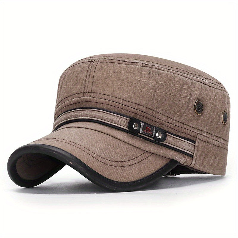 Slub Cotton Flat Cap Retro Leather Trim Baseball Cap