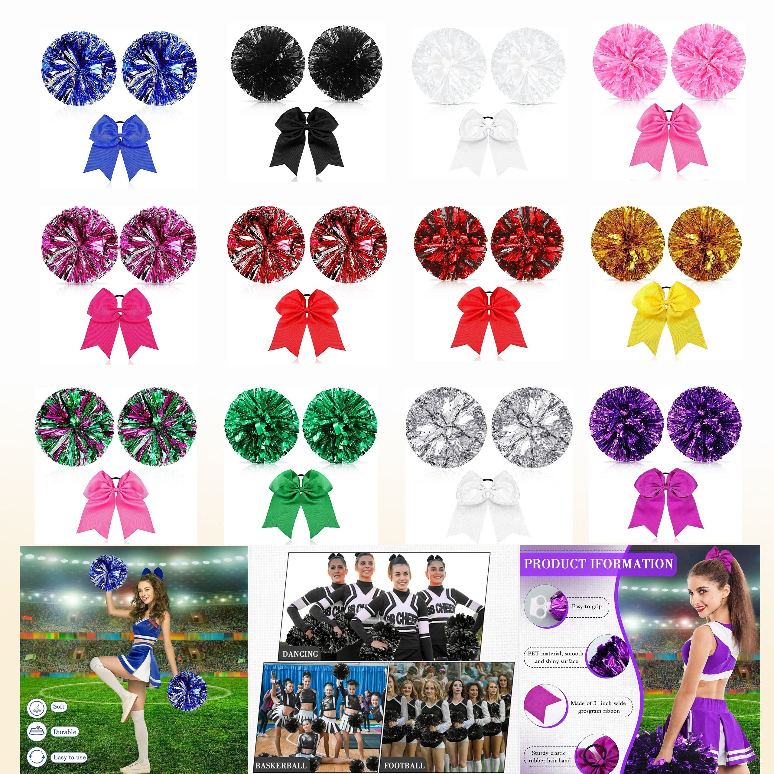 3pcs Cheer Pom Poms & Large Cheer Hair Bow Set - Metallic Accessory