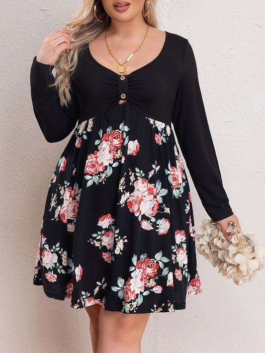  Colorblock Floral Print V Neck Dress