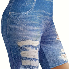  Denim Print High Rise Stretchy Skinny Shorts