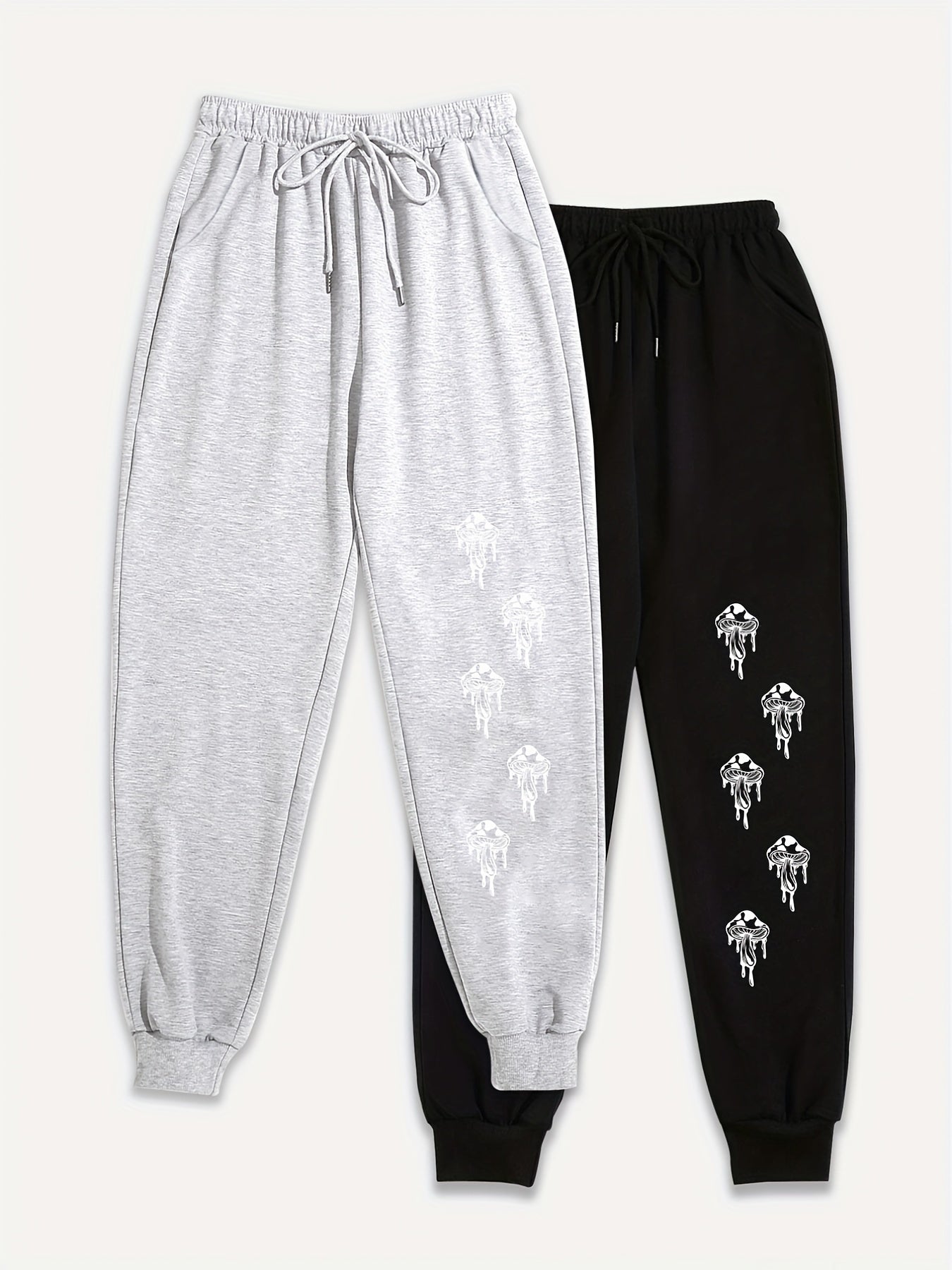 2 Pack Women's Plus Mushroom Print Elastic Drawstring Fitness Joggers Set
