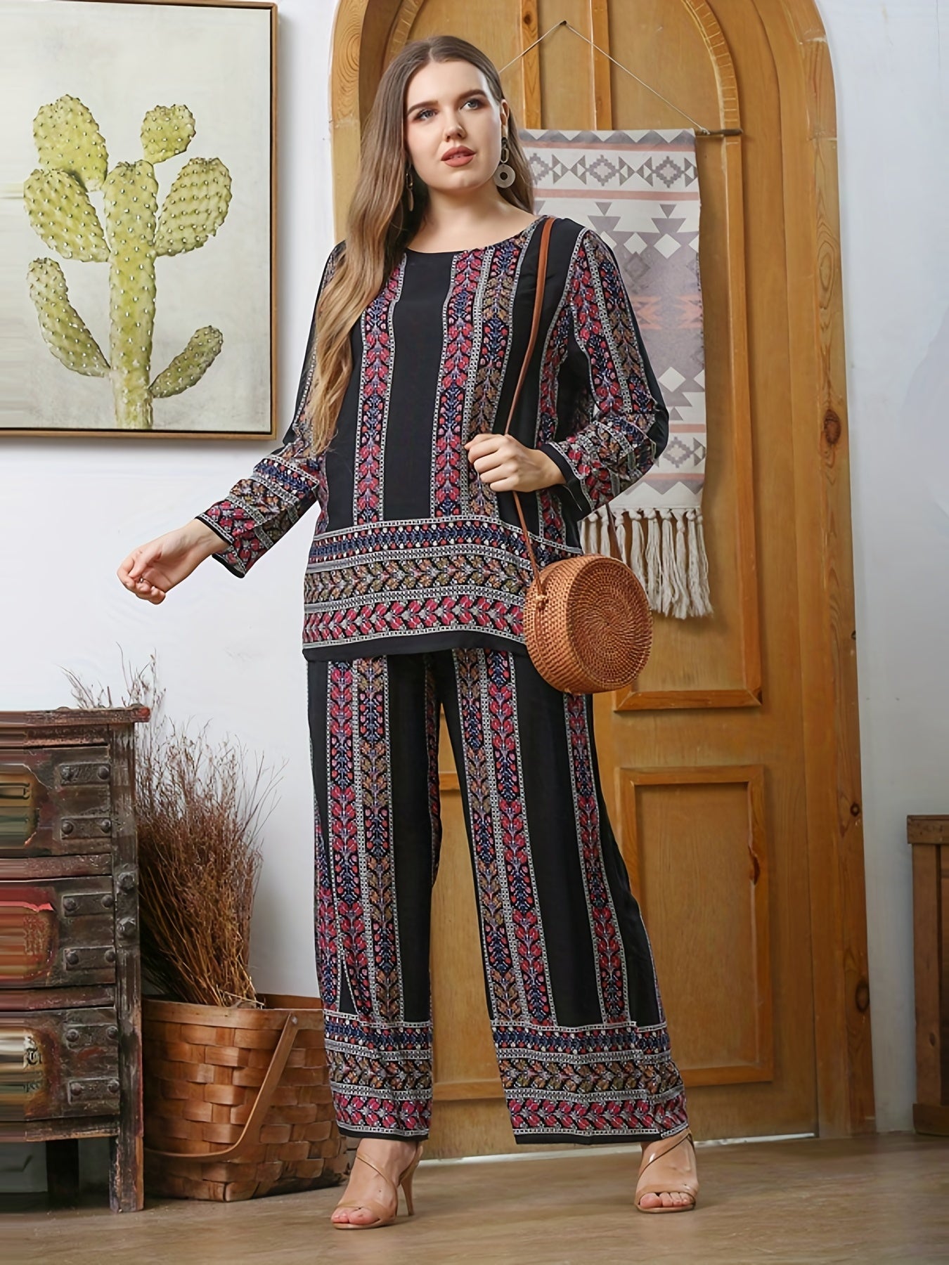  2 Piece Set Women's Plus Random Print Long Sleeve Top & Pants Outfits