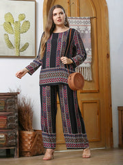  2 Piece Set Women's Plus Random Print Long Sleeve Top & Pants Outfits