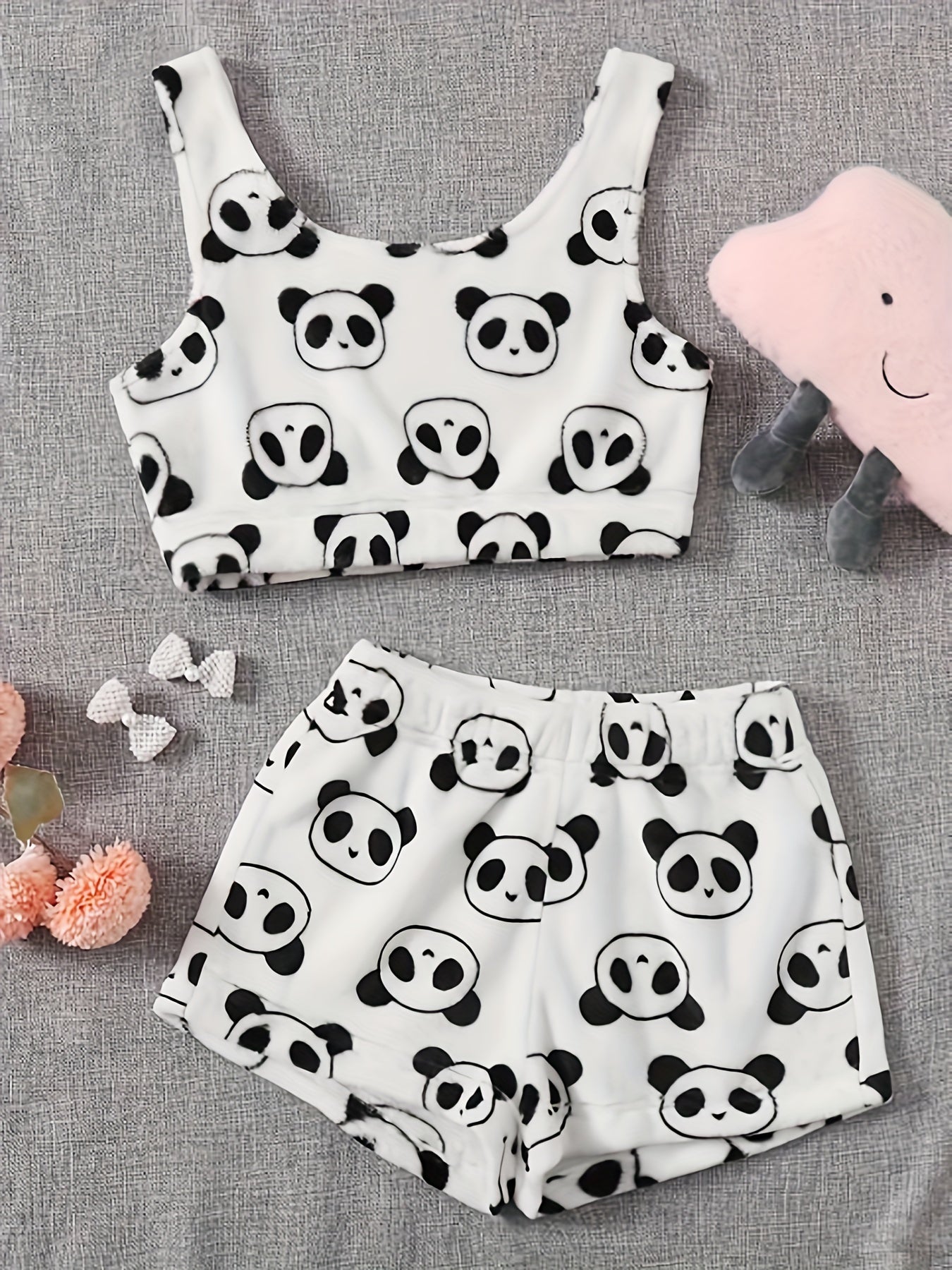  Panda Pattern Fluffy Crop Tank Top & Shorts Lounge Set