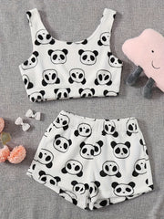  Panda Pattern Fluffy Crop Tank Top & Shorts Lounge Set