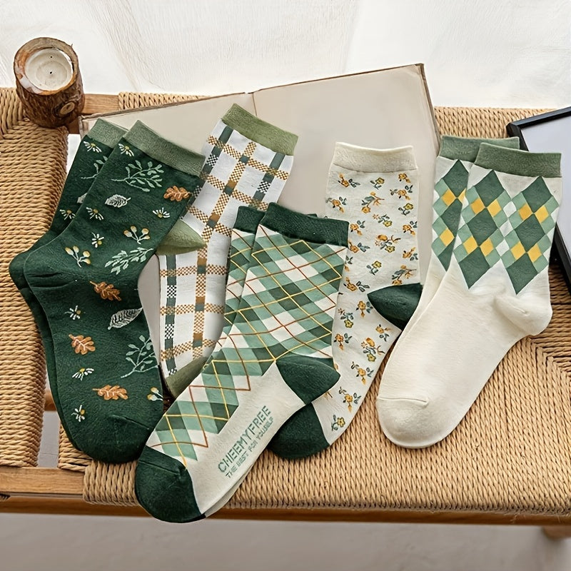 Floral & Plaid Print Socks - Women's Mid Tube Stockings