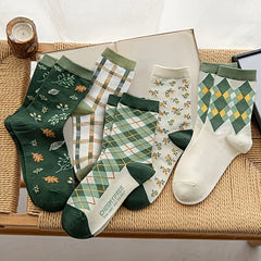 Floral & Plaid Print Socks - Women's Mid Tube Stockings