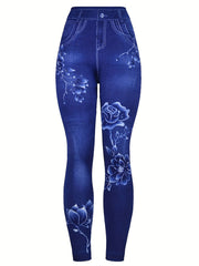 Denim & Floral Print Slimming Yoga Leggings High Stretch Slim Fit