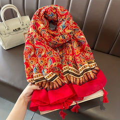 Floral Print Scarf with Tassels for Women