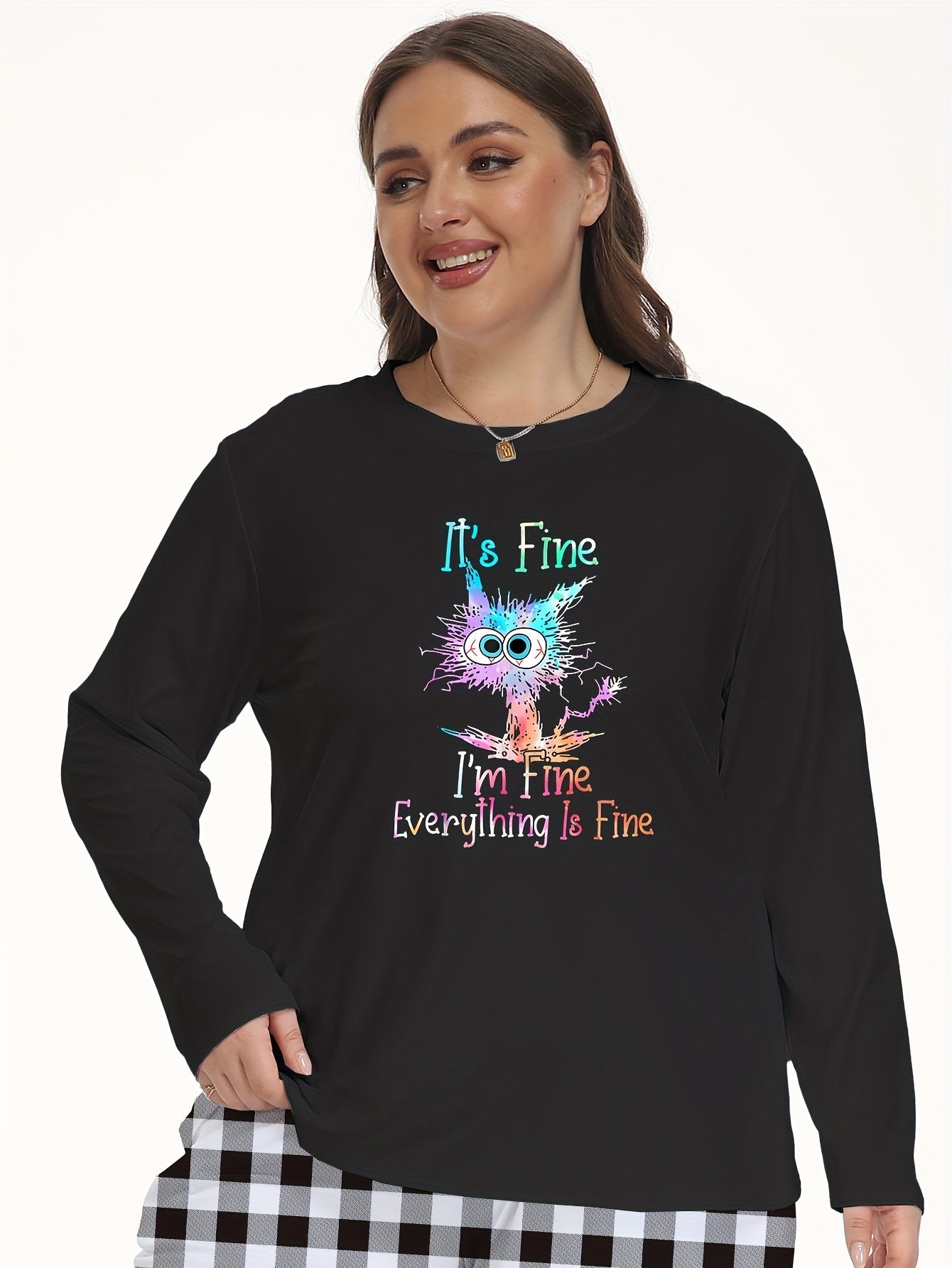  Cat & Ombre Slogan Print Long Sleeve Lounge Top