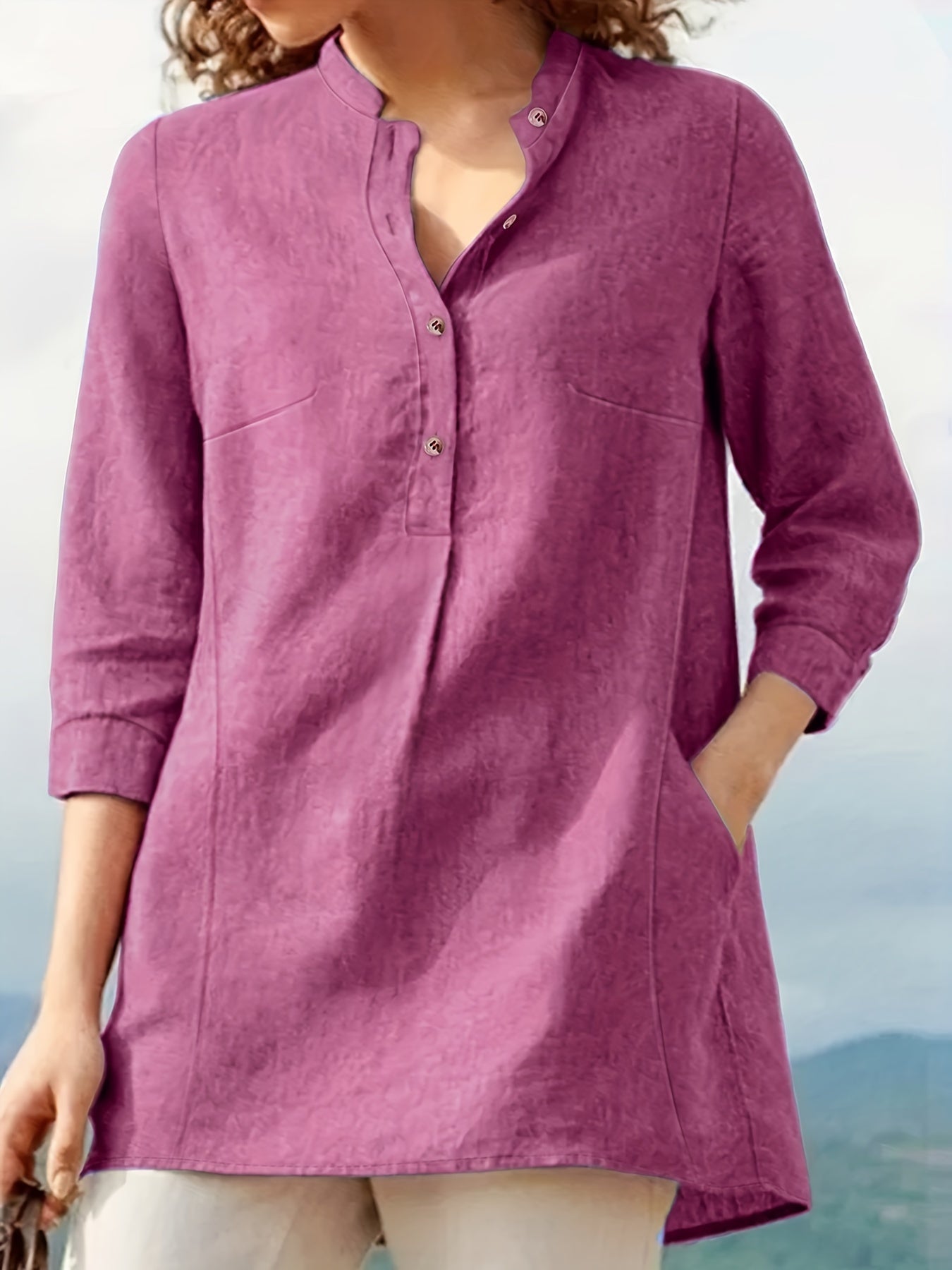  Long Sleeve Button Up Tunic Top With Pockets