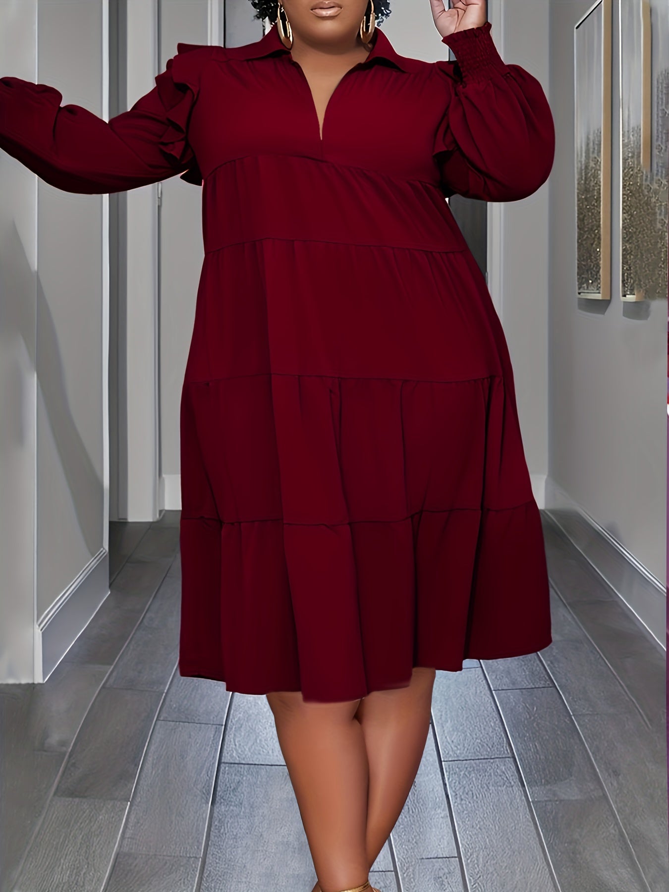  Casual Dress Solid Ruffle Trim Shirred Long Sleeve Lapel Collar Dress