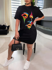  Figure Print Short Sleeve Tee Dress Women's Plus
