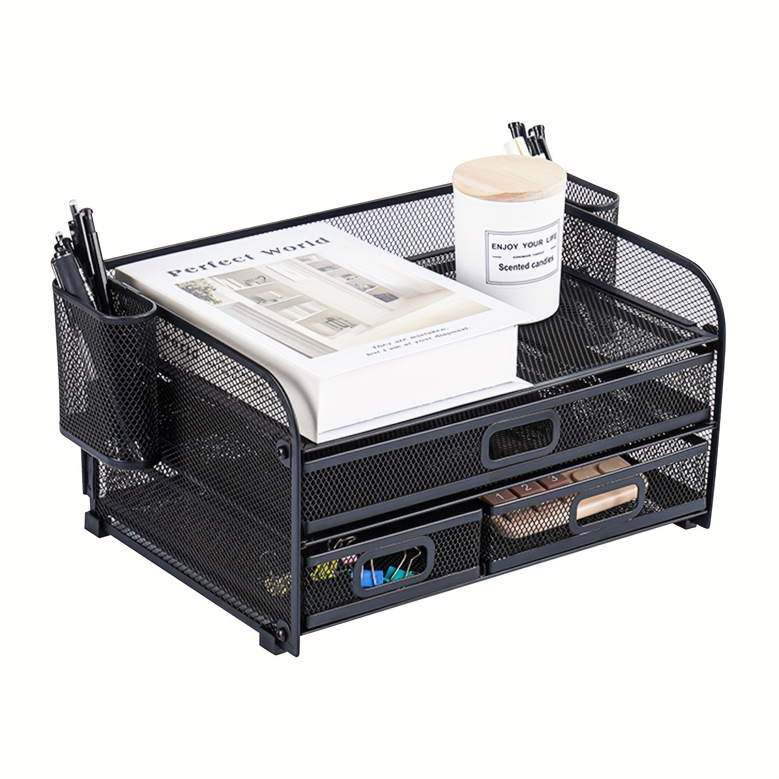 Removable Desktop File Rack with Three Drawers and Two Pen Holders