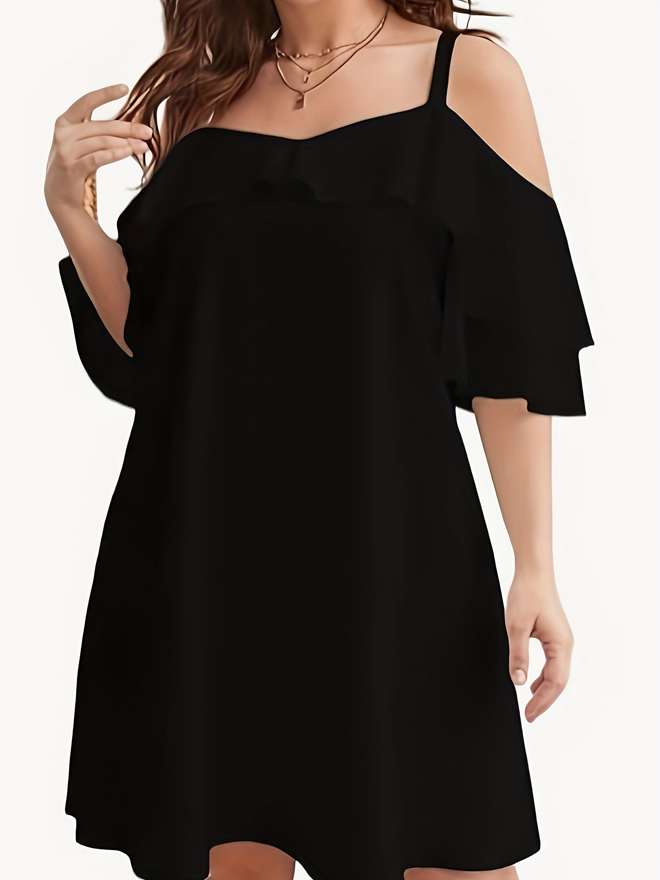  Solid Ruffle Trim Cold Shoulder Dress