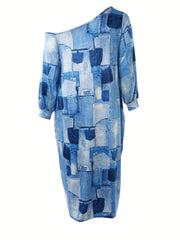  Denim Print One Shoulder Maxi Dress With Pockets