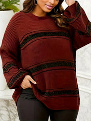  Casual Stripe Print Lantern Sleeve Sweater