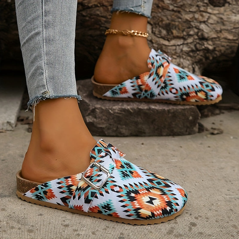 Women's Geometric Pattern Mules Casual Slip On Flat Shoes