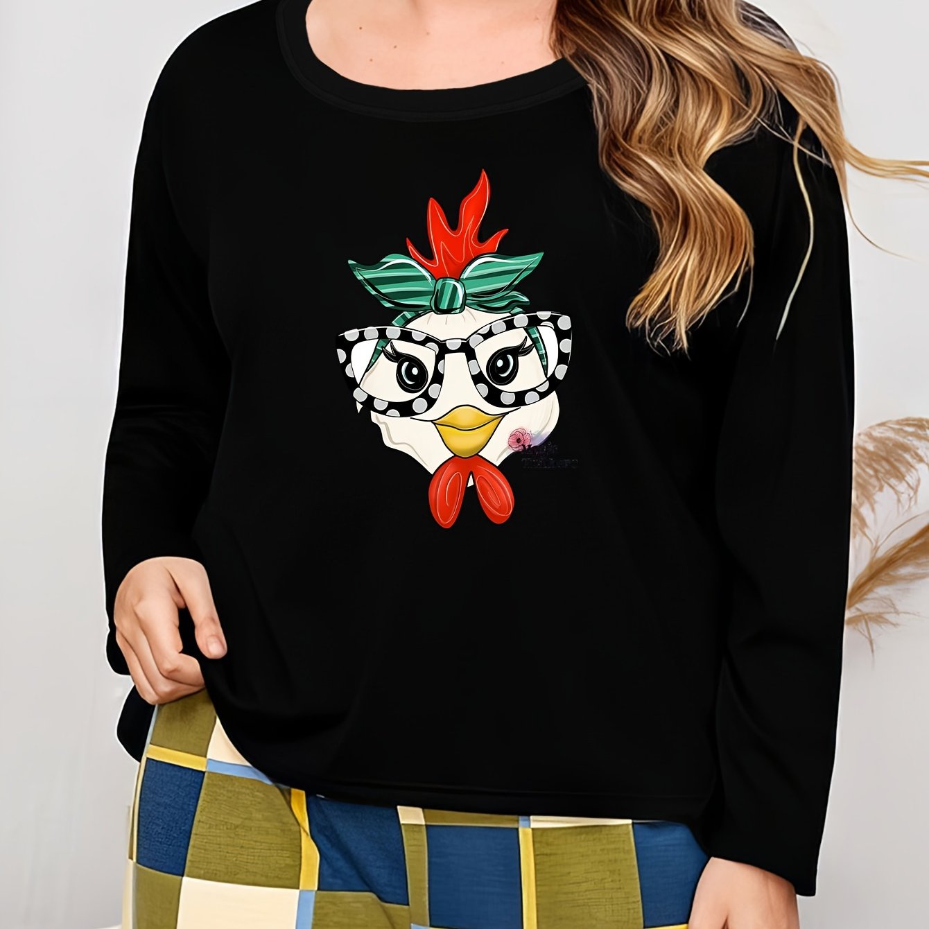 Plus Size Chicken Print Long Sleeve Pajama Top