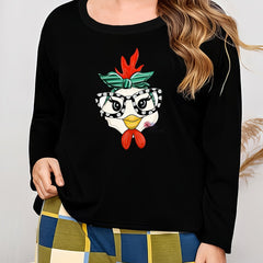 Plus Size Chicken Print Long Sleeve Pajama Top