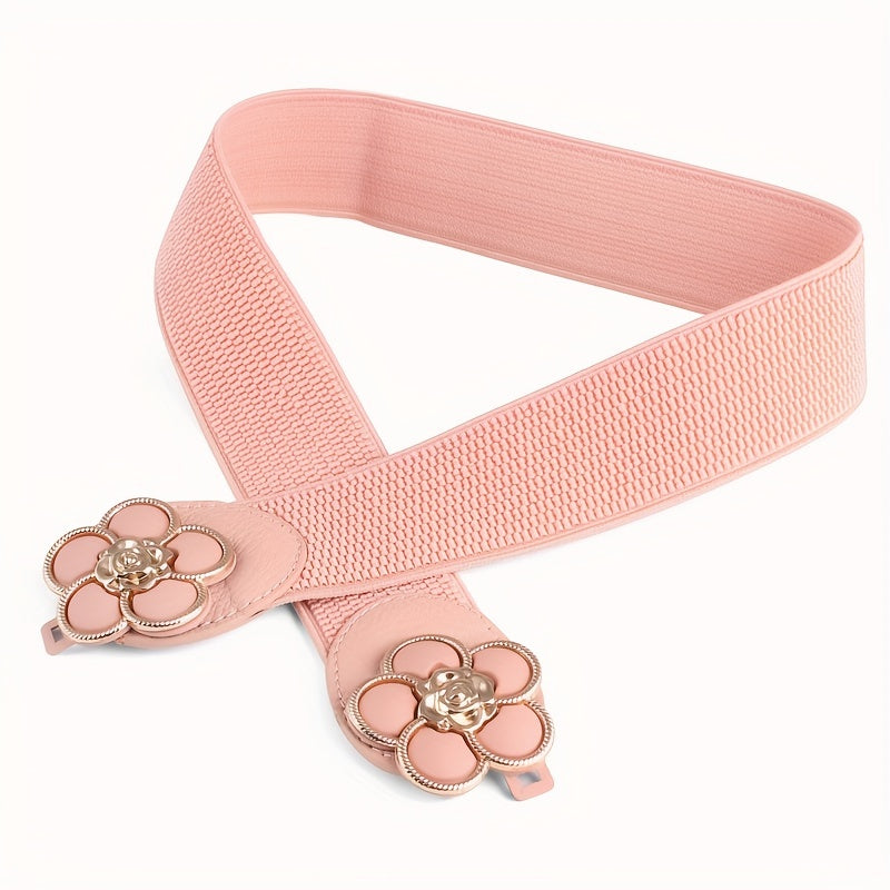 Flower Buckle Elastic Belt Women Vintage Wide Waist Seal Double Buckle