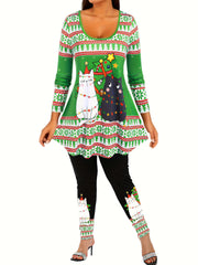  Christmas Outfits Set Women's Plus Christmas Tree & Cat Print