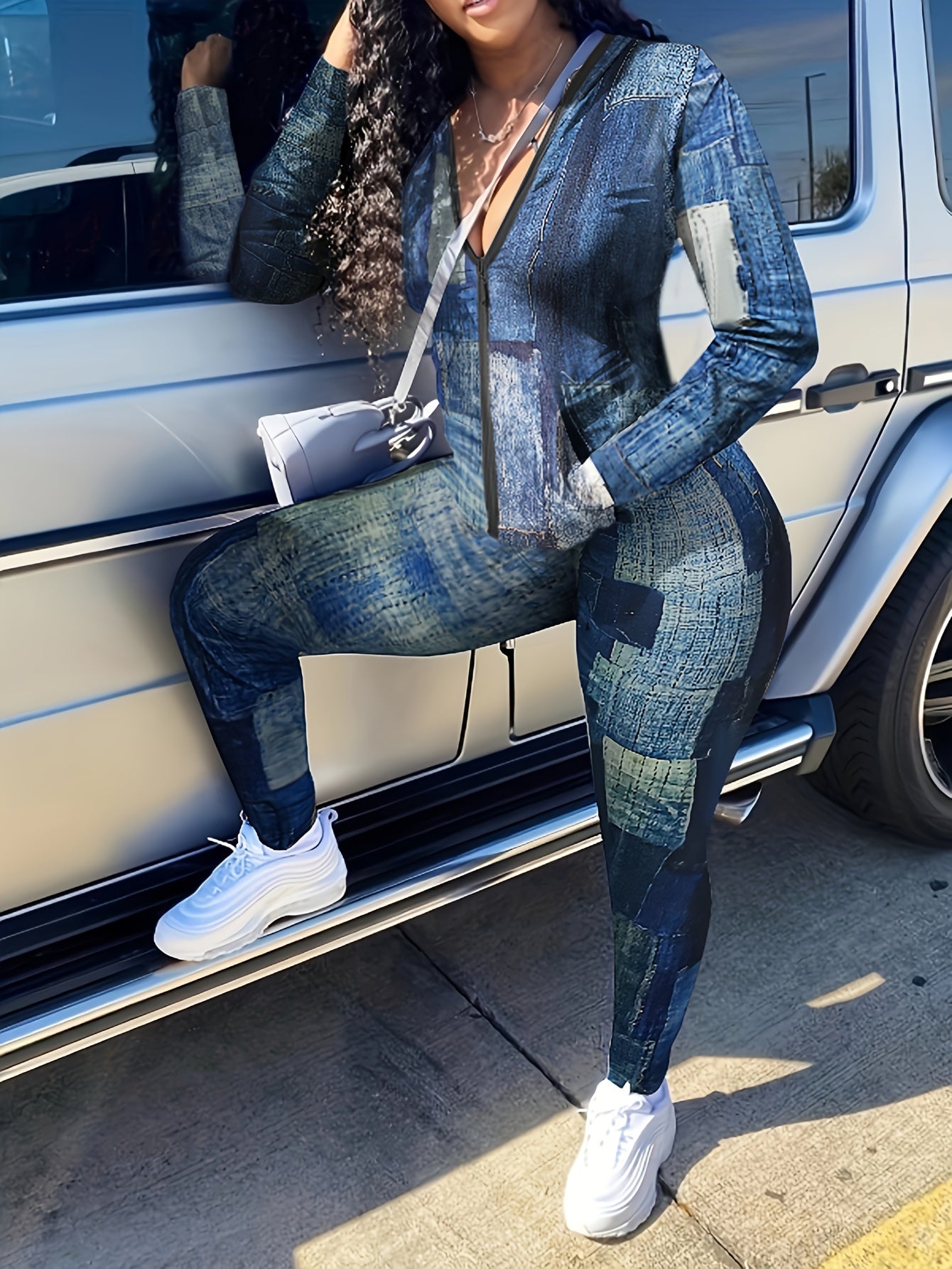  Denim Print Zip Up Top & Pants 2 Piece Set