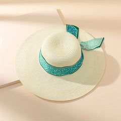 Green Floral Ribbon Decor Sun Hat Boho Beige Wide Brim Straw Hats For Women
