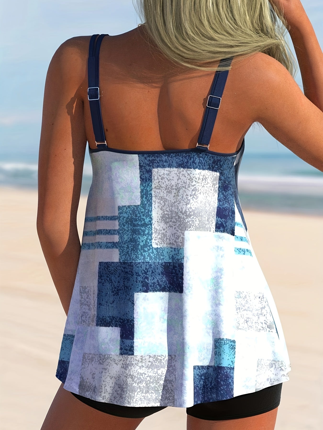 Modest Tankini Set Patchwork Print Cami Top & Shorts Swimsuit