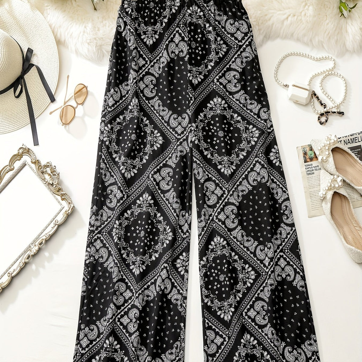 Patchwork Print Wide Leg Boho Pants