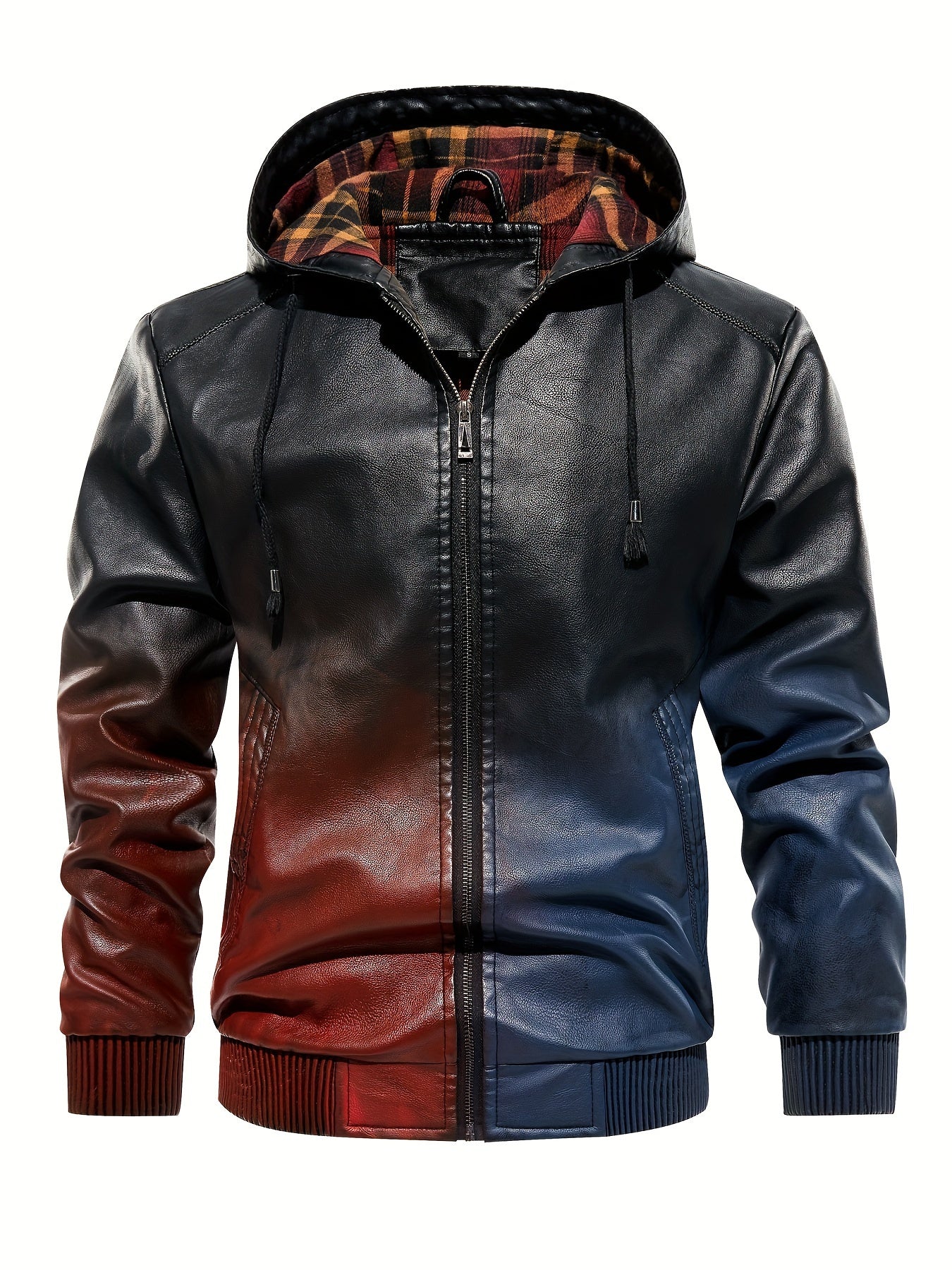 Men's Gradient Pu Leather Hooded Jacket Zip Up Windproof Jacket