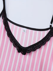  Striped Print Lace Trim Satin Cami Sleep Dress