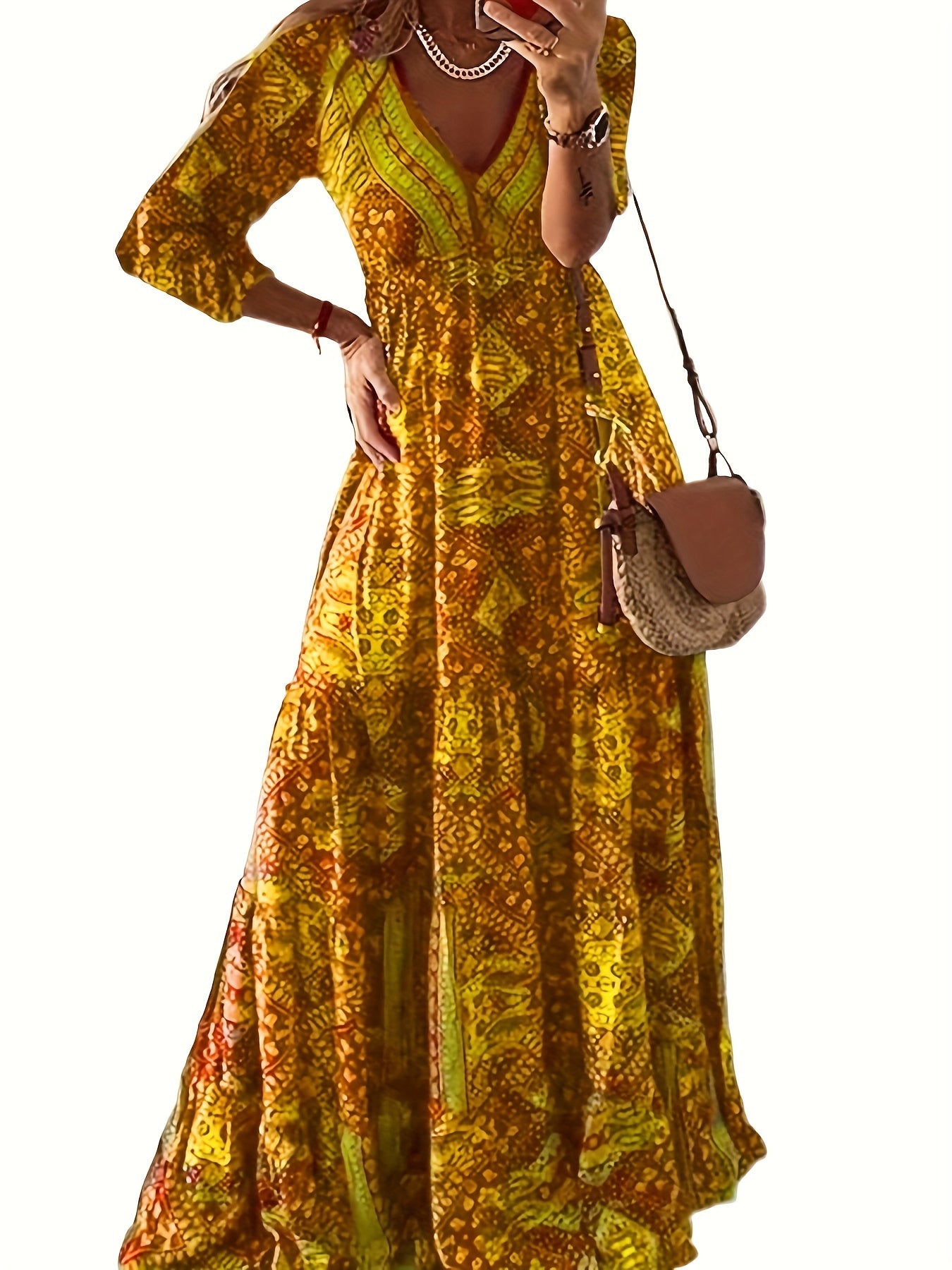  Ditsy Floral Print Long Sleeve V Neck Maxi Dress