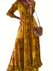  Ditsy Floral Print Long Sleeve V Neck Maxi Dress