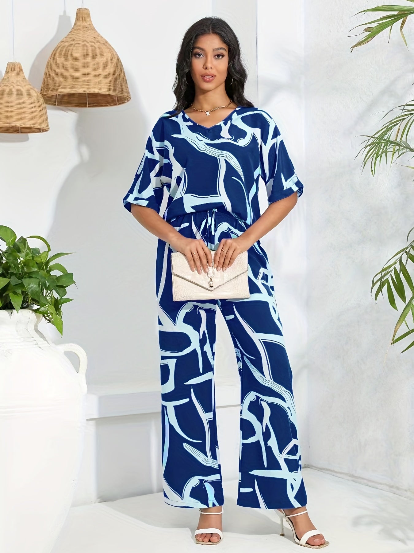 Abstract Print 2pc Set V Neck Half Sleeve Tops & Wide Leg Pants