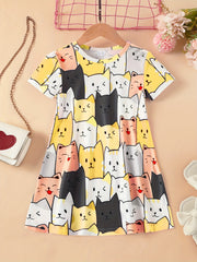 Girls Casual Kitten Graphic Dress for Summer Holiday Party Kids Clothes