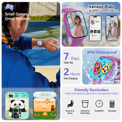 Kids Smartwatch Pink Purple Ages 6-12 Magnetic Charging Silicone Strap