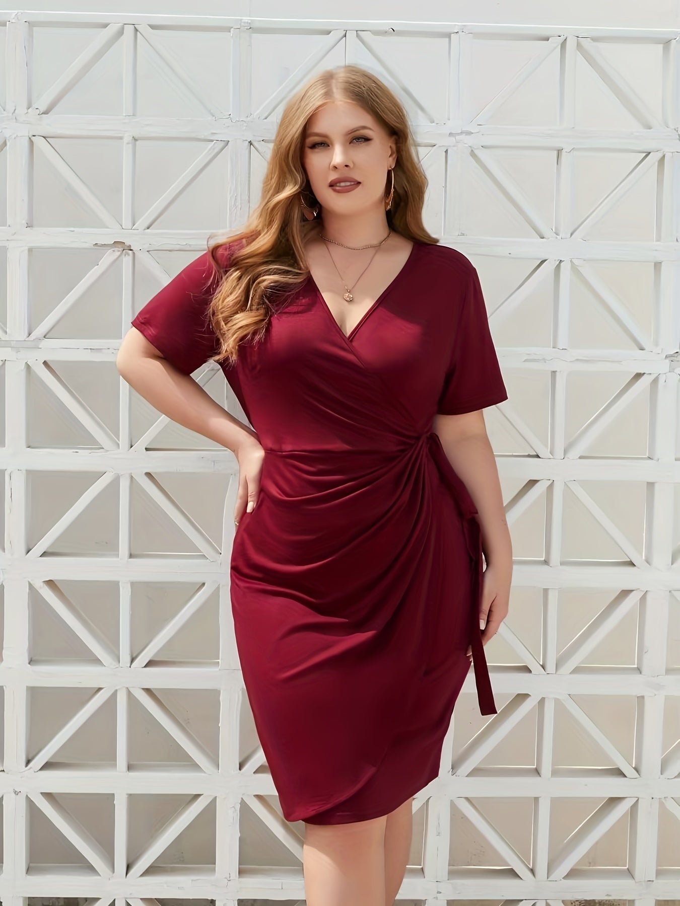  Solid Short Sleeve Wrap Dress
