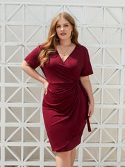  Solid Short Sleeve Wrap Dress