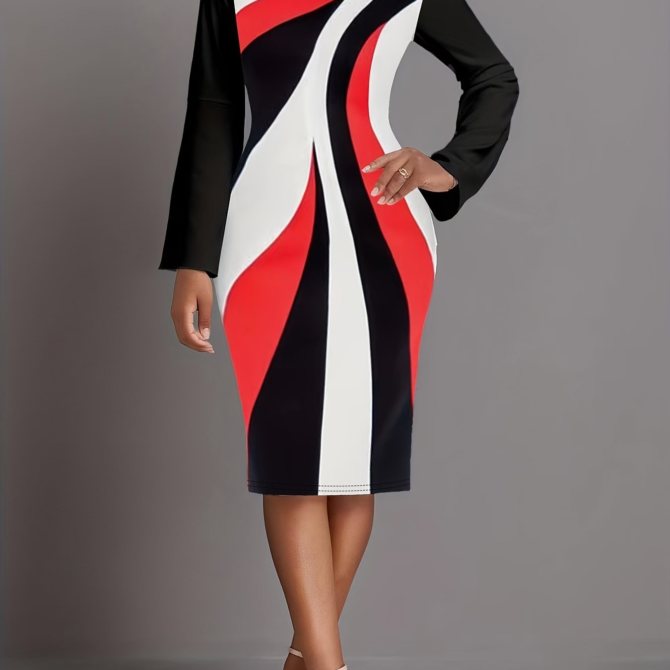  Colorblock Geometric Print Round Neck Dress