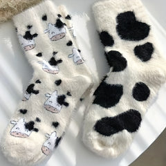 2 Pairs Cow Spot Socks Soft & Fuzzy Crew Mid Tube Socks Women's Stockings