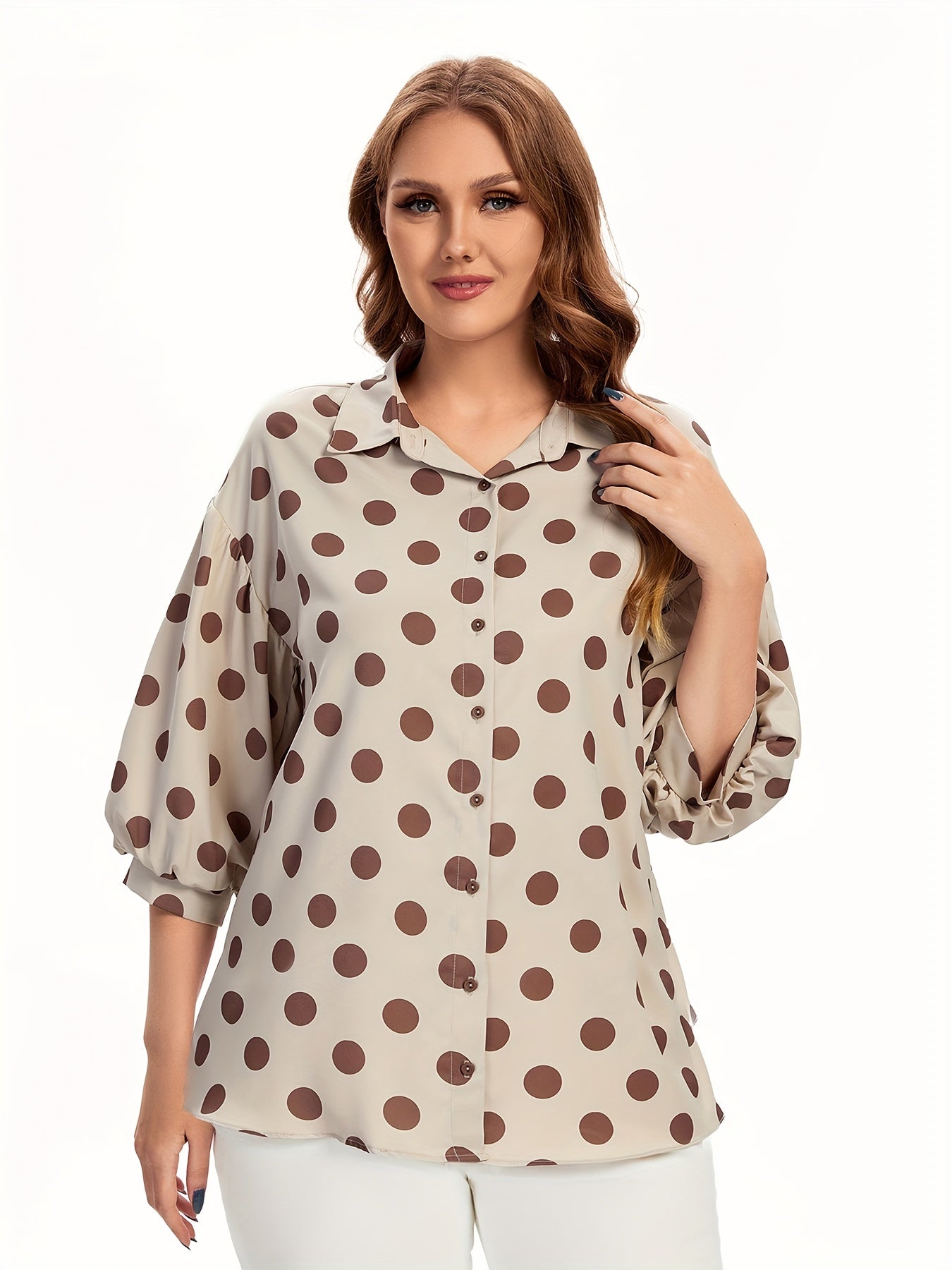  Dot Print Button Up Lantern Sleeve Blouse