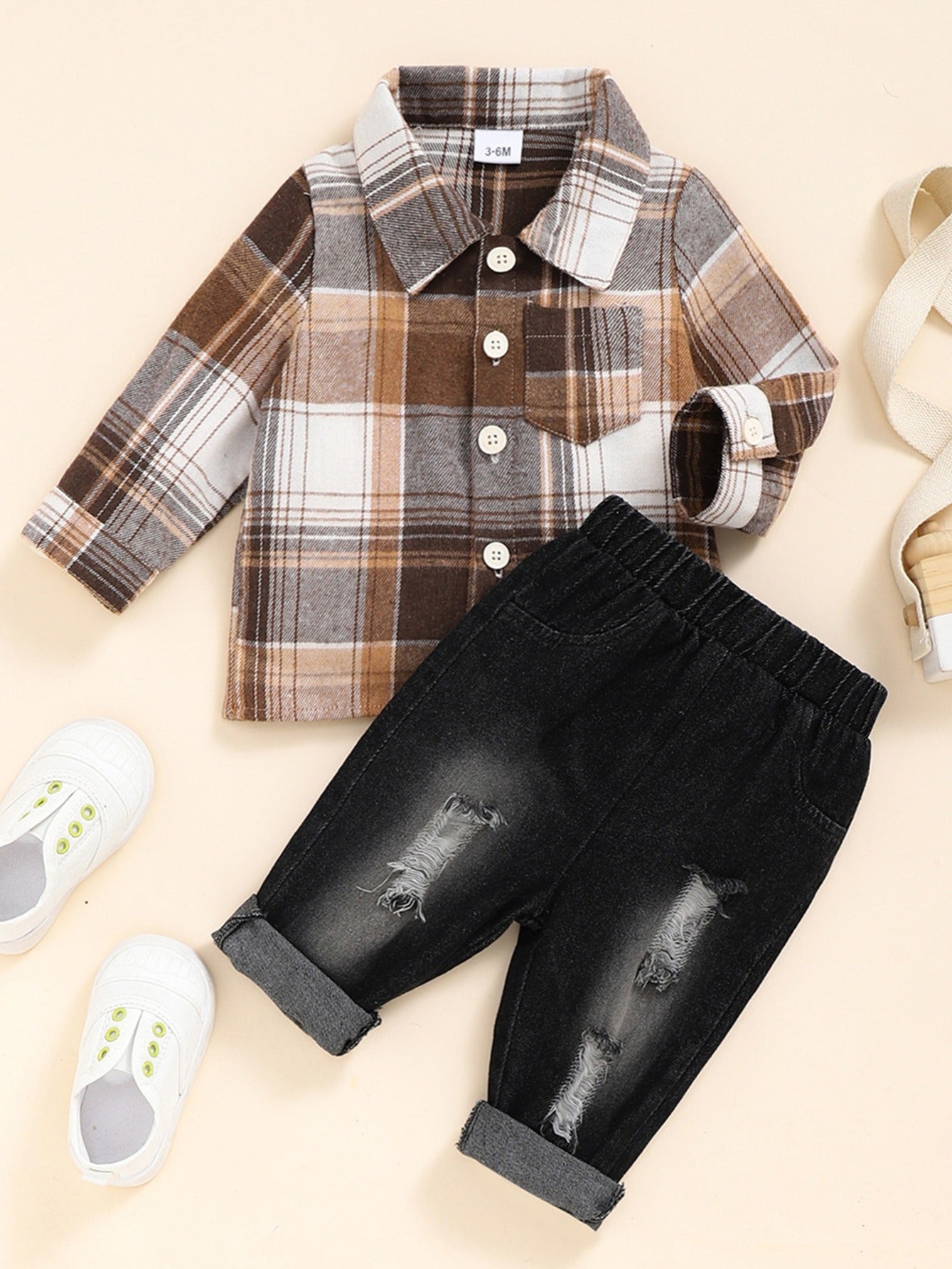 2pc Baby Boys Plaid Shirt & Ripped Denim Jeans Set Toddler Clothes