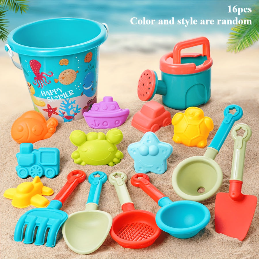 16pcs Colorful PP Sand Toys Buckets Shovels Rakes & Molds