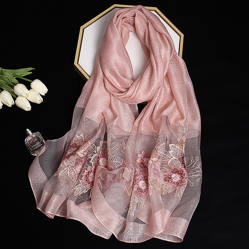 Colorful Silk Scarf Flower Embroidery Women's Wrap