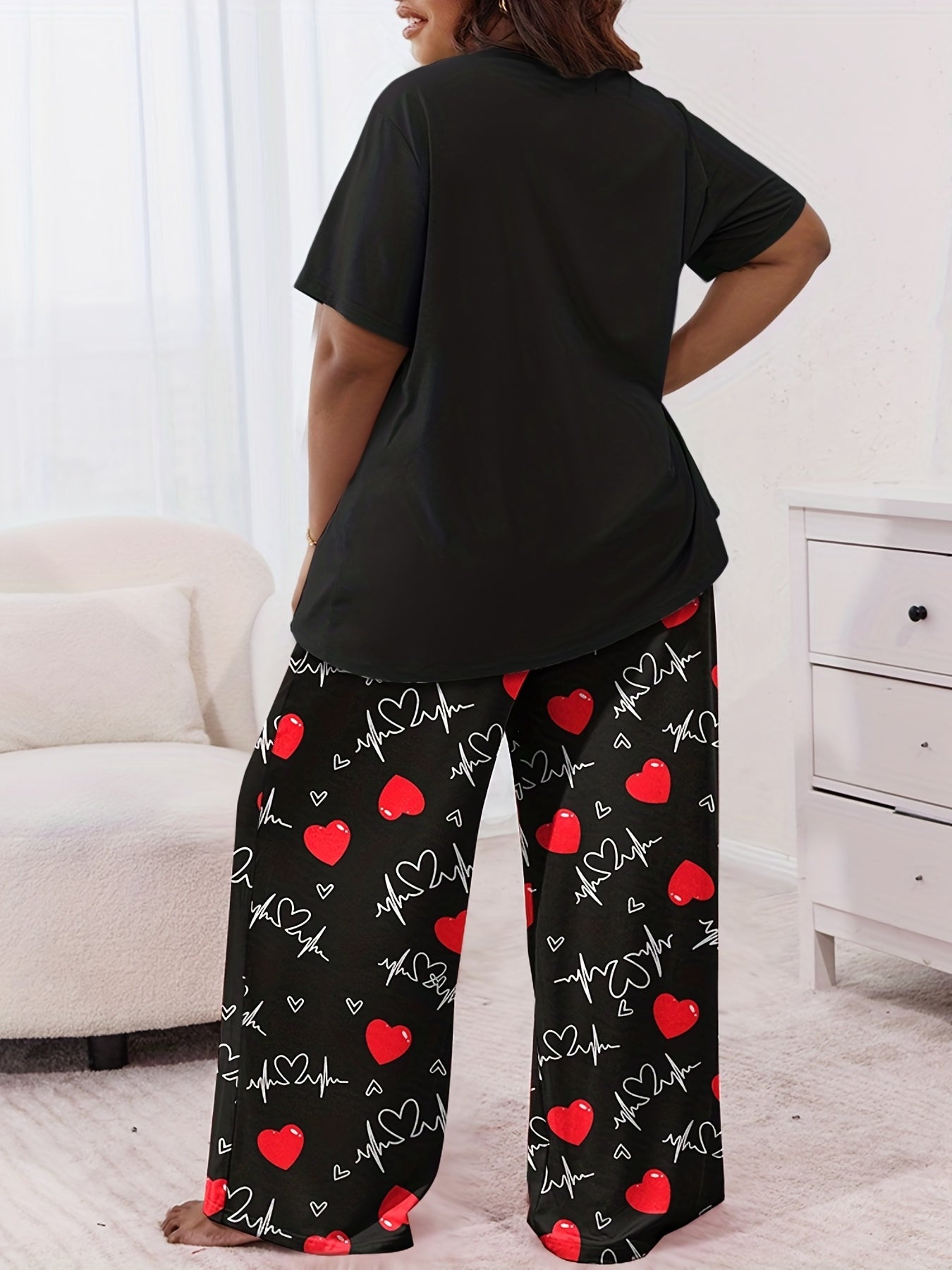  Heart Graphic Tee & Wide Leg Pants Pajamas Set