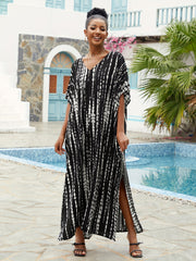  Boho Cover Up Women's Plus Striped Batwing Sleeve Maxi Kaftan Dress