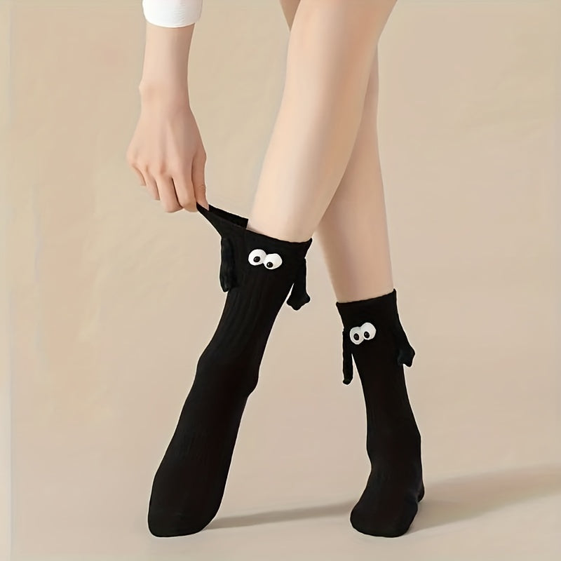 2 Pairs Women's Hand In Hand & Funny Mid Tube Socks